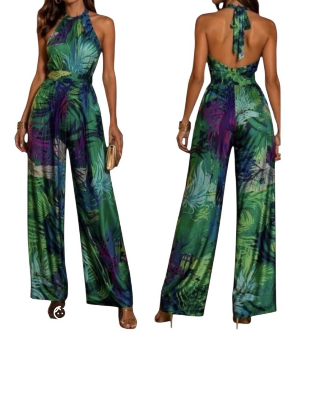 Zara Green Tropical Halter-Waist Wide-Leg Jumpsuit Size Small NWT